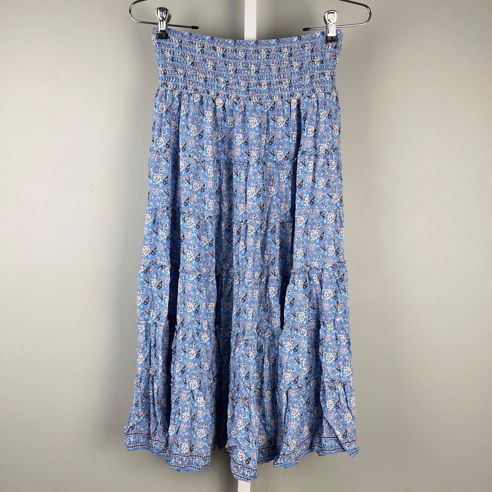 Max Studio Smocked Midi Skirt Womens S Blue Floral Boho Peasant Tiered